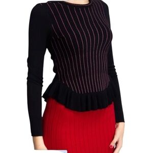 Marc Cain Classic Chic Striped Long Sleeve Rounded Peplum Sweater Size 1 Black